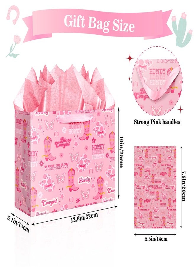 XiaosRen Large Cowgirl Gift Bag with Tissue Paper, Pink Western Gift Bag with Card for Girl Women Birthday Party Supplies, Presents Wrapping. - Image 2
