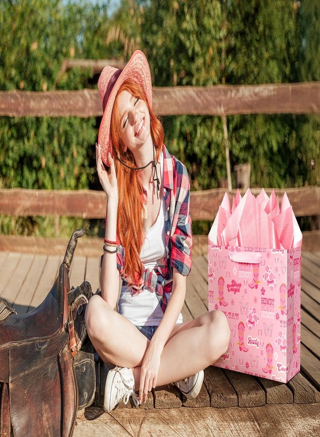 XiaosRen Large Cowgirl Gift Bag with Tissue Paper, Pink Western Gift Bag with Card for Girl Women Birthday Party Supplies, Presents Wrapping. - Image 4