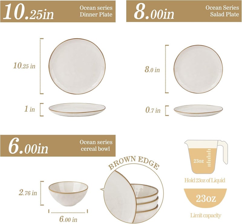 Famiware Dinnerware Sets for 4 Ocean Round 12Piece Kitchen Plates and Bowls Sets Reactive Glaze Microwave and Dishwasher Safe Scratch Resistant Cappuccino White - Image 2