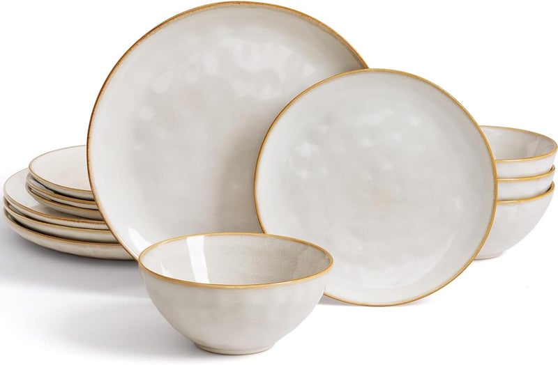 Famiware Dinnerware Sets for 4 Ocean Round 12Piece Kitchen Plates and Bowls Sets Reactive Glaze Microwave and Dishwasher Safe Scratch Resistant Cappuccino White - Image 1