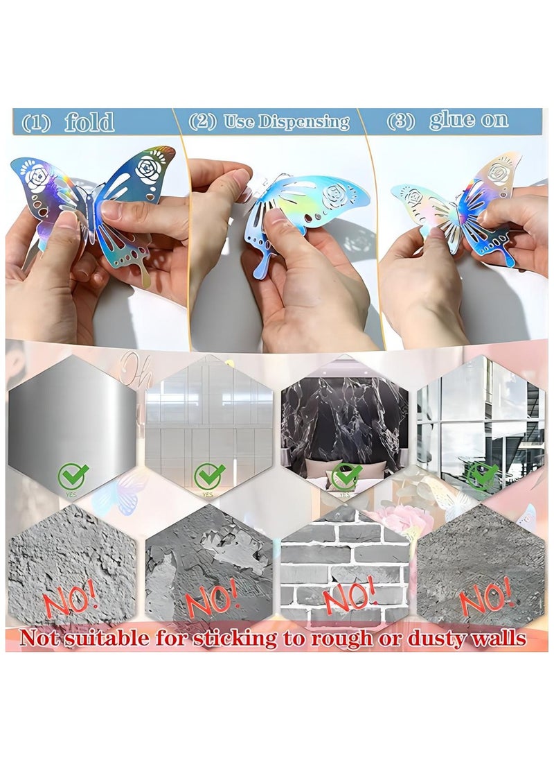 60 Pcs 3D Shiny Sliver Wall Stickers Decals Removable Butterfly Wall Decor Classroom Decor