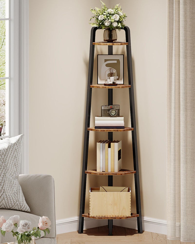 CHOEZON Corner Shelf, 5-Tier Ladder Corner Shelf, Ladder Bookshelf, 59.6" Tall Vertical Display Stand, Metal Frame Bookshelf, for Living Room, Bedroom, Kitchen, Rustic Brown and Black TCJ20BF - Image 1