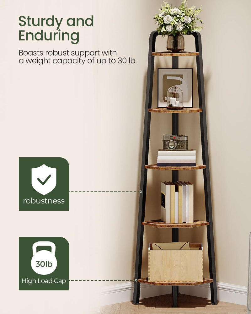 CHOEZON Corner Shelf, 5-Tier Ladder Corner Shelf, Ladder Bookshelf, 59.6" Tall Vertical Display Stand, Metal Frame Bookshelf, for Living Room, Bedroom, Kitchen, Rustic Brown and Black TCJ20BF - Image 5