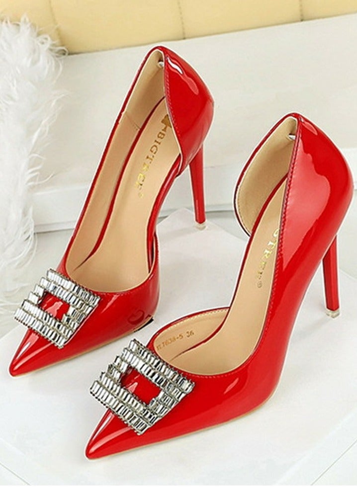 BIGTREE Women's Closed Pointed Toe Stiletto Pump Rhinestone Square Buckle Decoration High Heels Red 10.5 CM  - Image 1