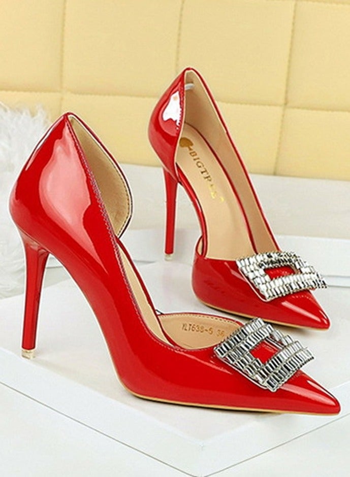 BIGTREE Women's Closed Pointed Toe Stiletto Pump Rhinestone Square Buckle Decoration High Heels Red 10.5 CM  - Image 2