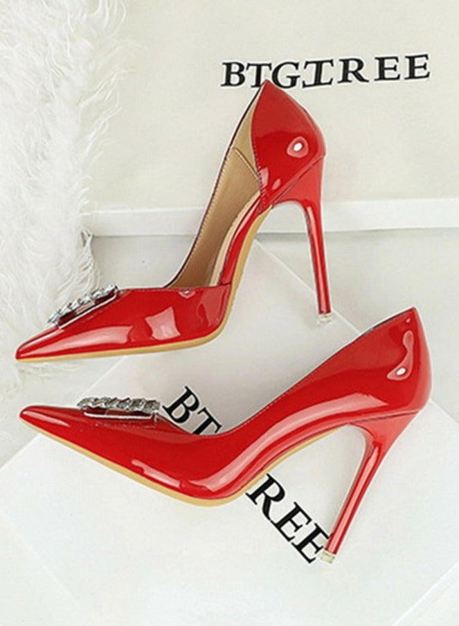 BIGTREE Women's Closed Pointed Toe Stiletto Pump Rhinestone Square Buckle Decoration High Heels Red 10.5 CM  - Image 3