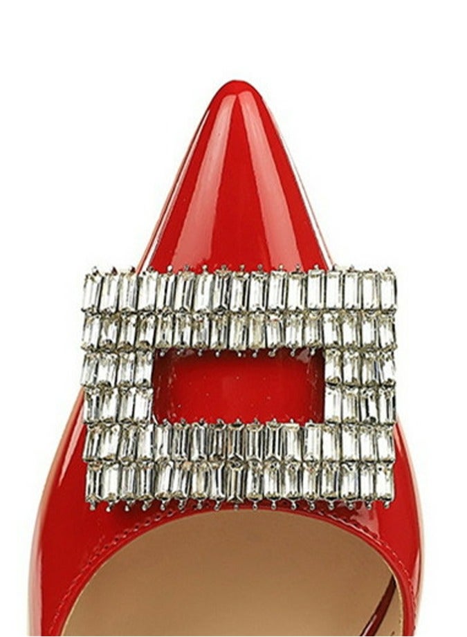 BIGTREE Women's Closed Pointed Toe Stiletto Pump Rhinestone Square Buckle Decoration High Heels Red 10.5 CM  - Image 4
