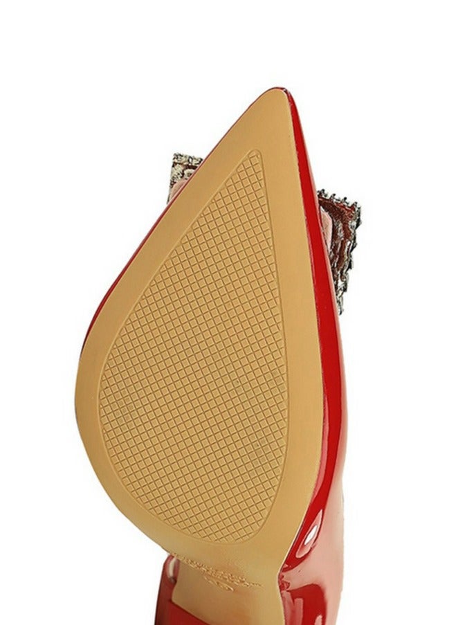 BIGTREE Women's Closed Pointed Toe Stiletto Pump Rhinestone Square Buckle Decoration High Heels Red 10.5 CM  - Image 5