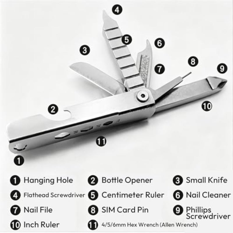 DHB Keychain Multitool, 11 in 1 Multi-Purpose Repair Tool, Keychain with Screwdriver, Nail File, Wrench, Ruler, Card Pin Phone Stand and Bottle Opener, Silver Everyday Carry - Image 3