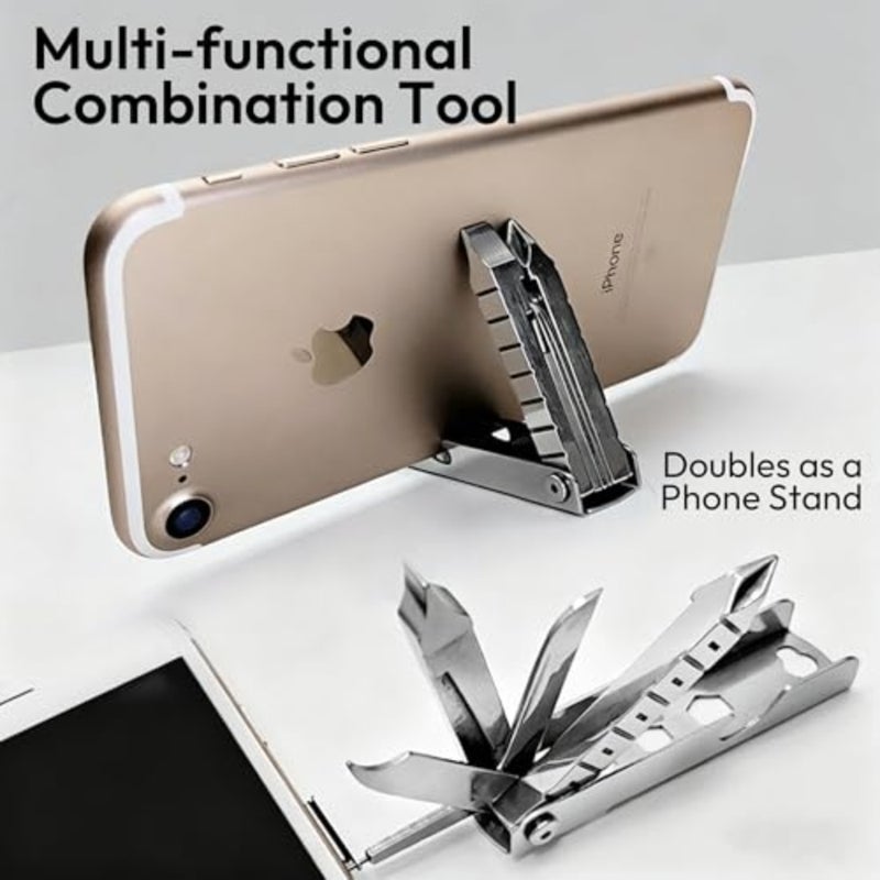 DHB Keychain Multitool, 11 in 1 Multi-Purpose Repair Tool, Keychain with Screwdriver, Nail File, Wrench, Ruler, Card Pin Phone Stand and Bottle Opener, Silver Everyday Carry - Image 4