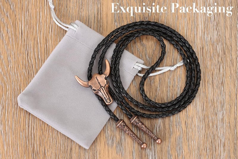 Wentur Western Vintage Bolo Tie for Men - Cow Skull Design Cowboy Tie - Black Leather Bolo Necktie Necklace - Image 5