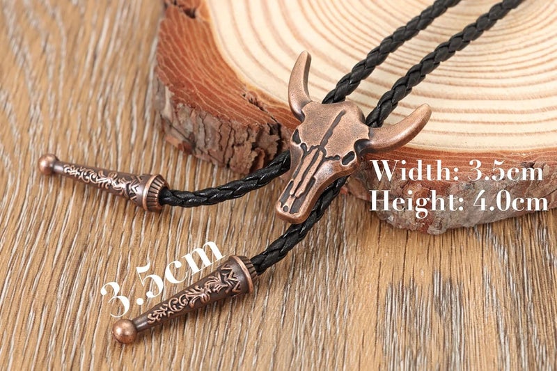 Wentur Western Vintage Bolo Tie for Men - Cow Skull Design Cowboy Tie - Black Leather Bolo Necktie Necklace - Image 3