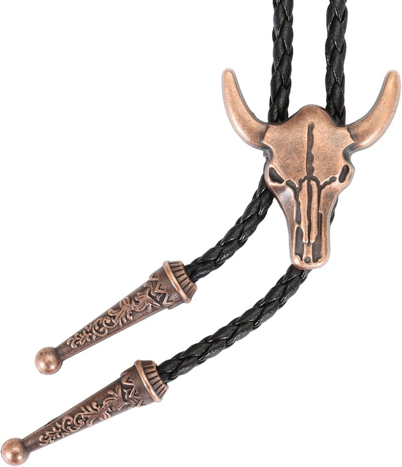 Wentur Western Vintage Bolo Tie for Men - Cow Skull Design Cowboy Tie - Black Leather Bolo Necktie Necklace - Image 1