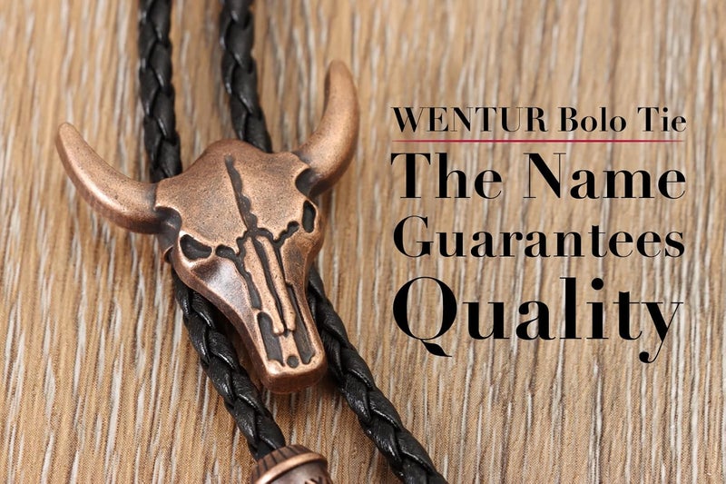 Wentur Western Vintage Bolo Tie for Men - Cow Skull Design Cowboy Tie - Black Leather Bolo Necktie Necklace - Image 2