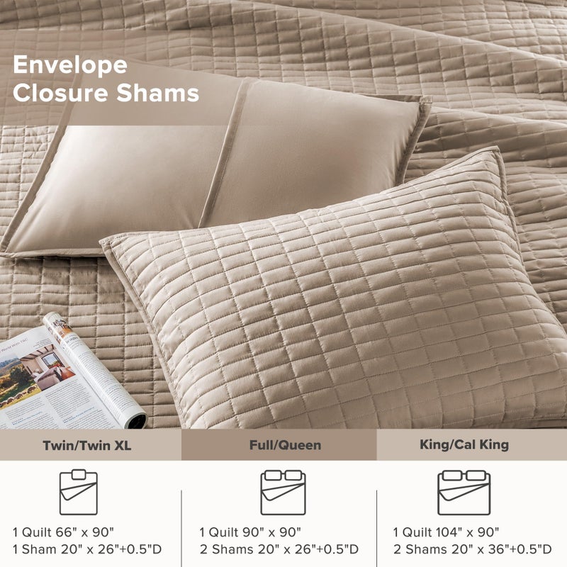 Comfort Spaces Kienna Quilt Set- Double Sided Stitching Design Summer Blanket, Lightweight, Soft, All Season Bedding Layer, Matching Sham, Taupe, Coverlet Full/Queen(90"x90") 3 Piece - Image 5
