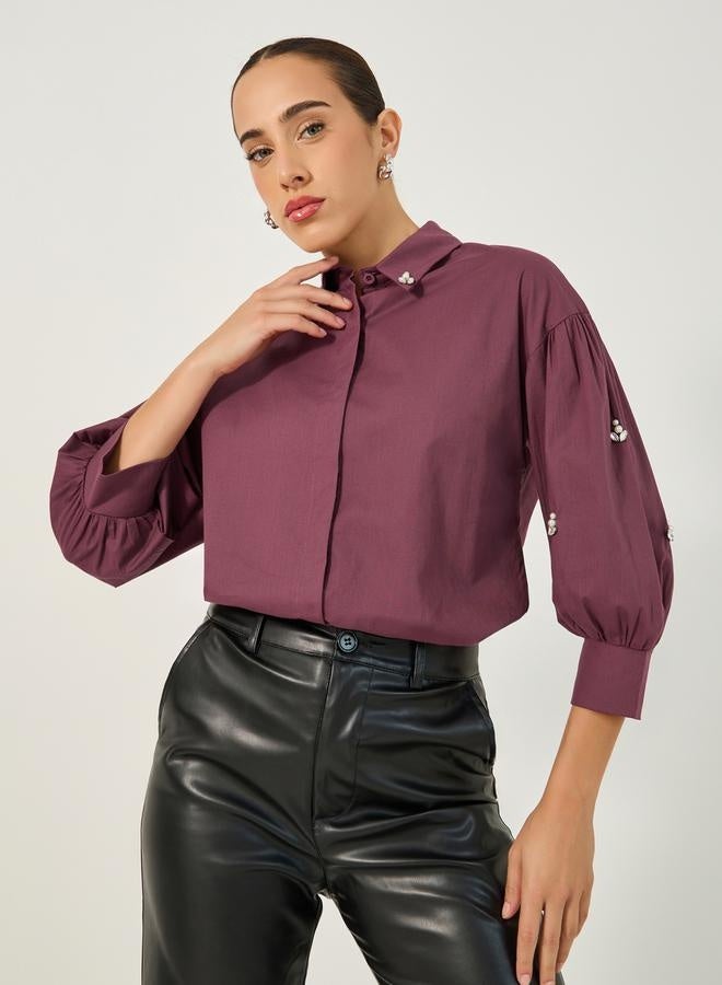 Styli Embellished Spread Collar Balloon Sleeve Shirt - Image 1
