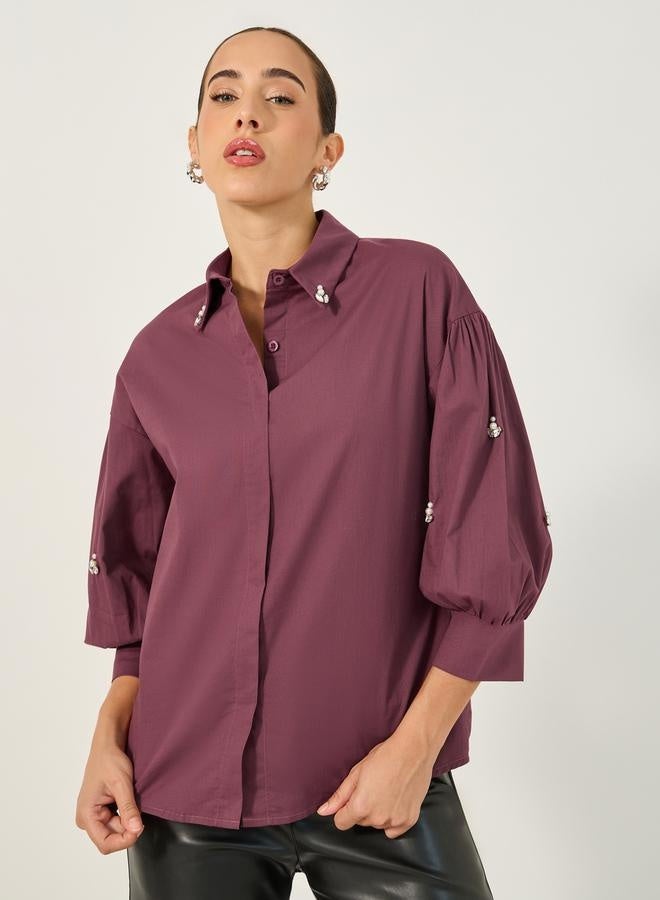 Styli Embellished Spread Collar Balloon Sleeve Shirt - Image 3