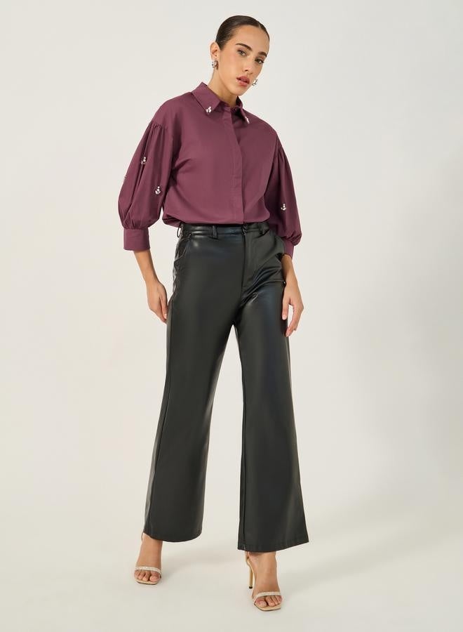 Styli Embellished Spread Collar Balloon Sleeve Shirt - Image 2