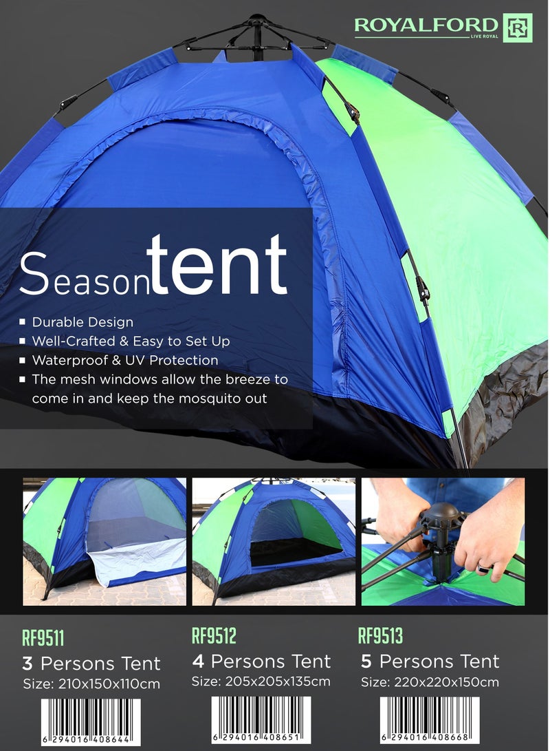 Royalford RF9512 Season Tent 205x205x135 Cm - Portable UV/ Waterproof Camping Tent | Ventilated Mesh Window | Ideal for 3 -4 Person | Perfect for camping, hiking, backpacking or festivals - Image 2