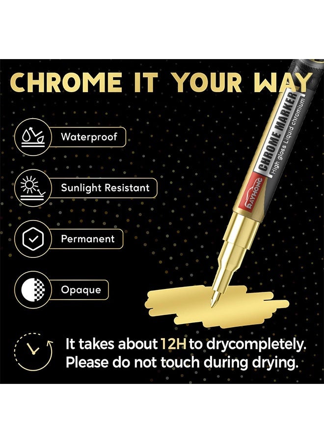RAYHONG Chrome Marker - Permanent Mirror Chrome Pens, Chrome Paint Pens for Plastic, Metal, Model Painting, Touch Up & Repair Kit, Set of 3 Tips -Gold - Image 3
