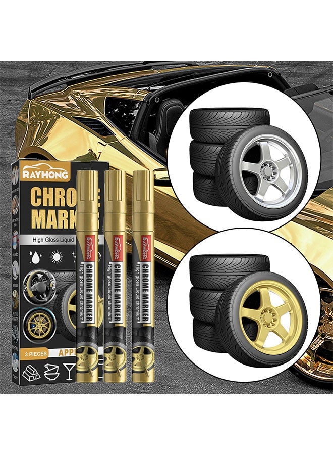RAYHONG Chrome Marker - Permanent Mirror Chrome Pens, Chrome Paint Pens for Plastic, Metal, Model Painting, Touch Up & Repair Kit, Set of 3 Tips -Gold - Image 1