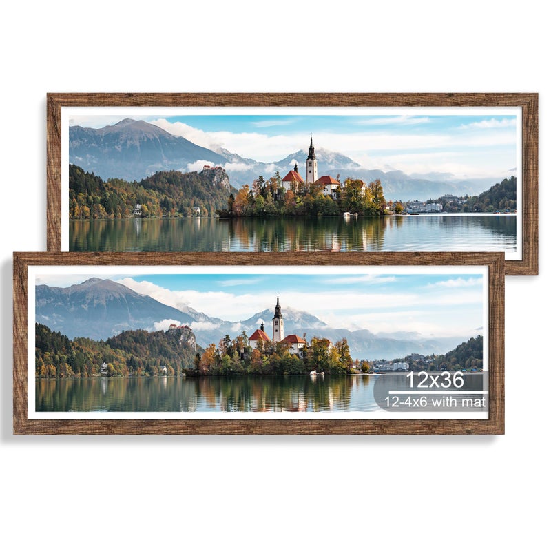 Hongkee 12x36 Picture Frame 2 Packs, Real Glass and Rustic Brown Wood Frame, Display Collage Pictures Twelve 4x6 With Mat or Pennant 12 x 36 Without Mat - Horizontal or Vertical Wall Mounting - Image 1