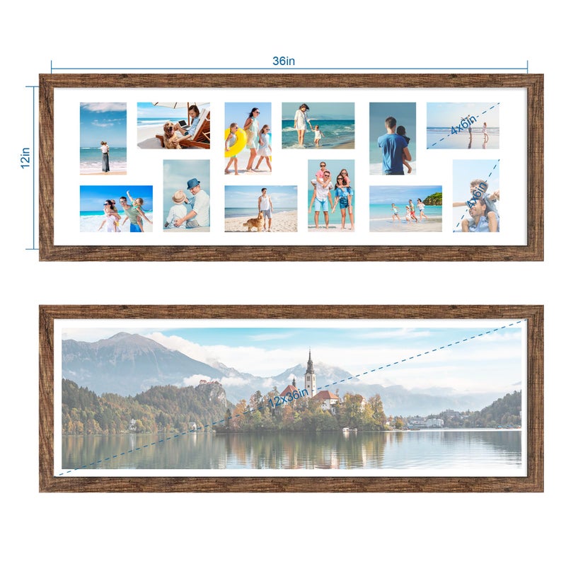 Hongkee 12x36 Picture Frame 2 Packs, Real Glass and Rustic Brown Wood Frame, Display Collage Pictures Twelve 4x6 With Mat or Pennant 12 x 36 Without Mat - Horizontal or Vertical Wall Mounting - Image 2