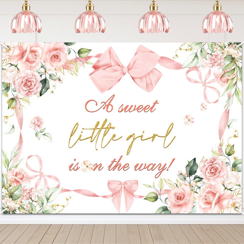 Avezano Pink Bow Baby Shower Backdrop for Girl Floral Bow Baby Shower Decorations A Sweet Little Girl is On The Way Background Party Supplies (7x5ft) - Image 1