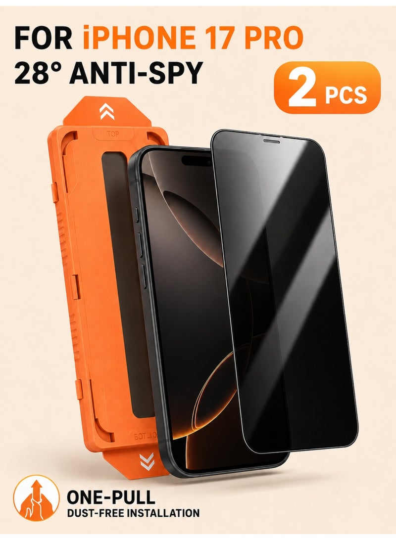2-Pack for iPhone 17 Pro Privacy Screen Protector With Auto Alignment Kit Anti-Spy, 28° Privacy Filter Dust Free Install Kit, One Second Auto Dust Removal, Privacy Protection, Anti-Fingerprint, Easy Installation, Shockproof Glass, No-Residue Adhesive, Smooth Touch - Image 1