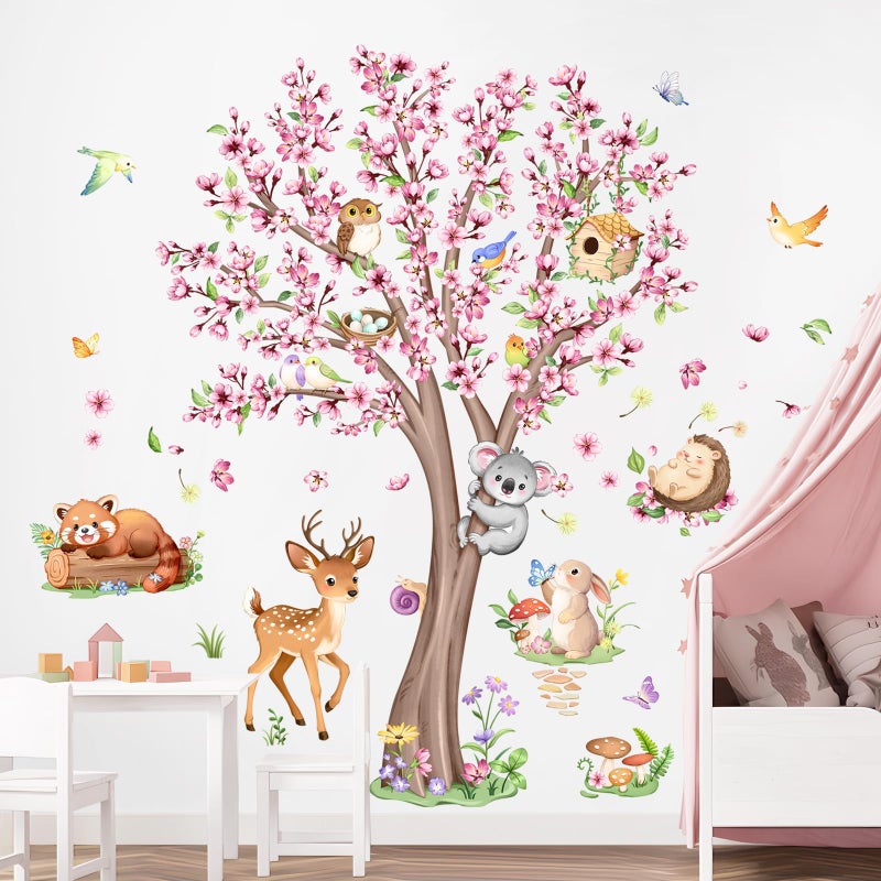 Supzone Cherry Blossom Tree Animals Wall Decals Pink Flower Tree Wall Stickers Peel and Stick Deer Squirrel Small Animals Decor for Girls Bedroom Living Room Nursery Playroom Classroom Decor - Image 3