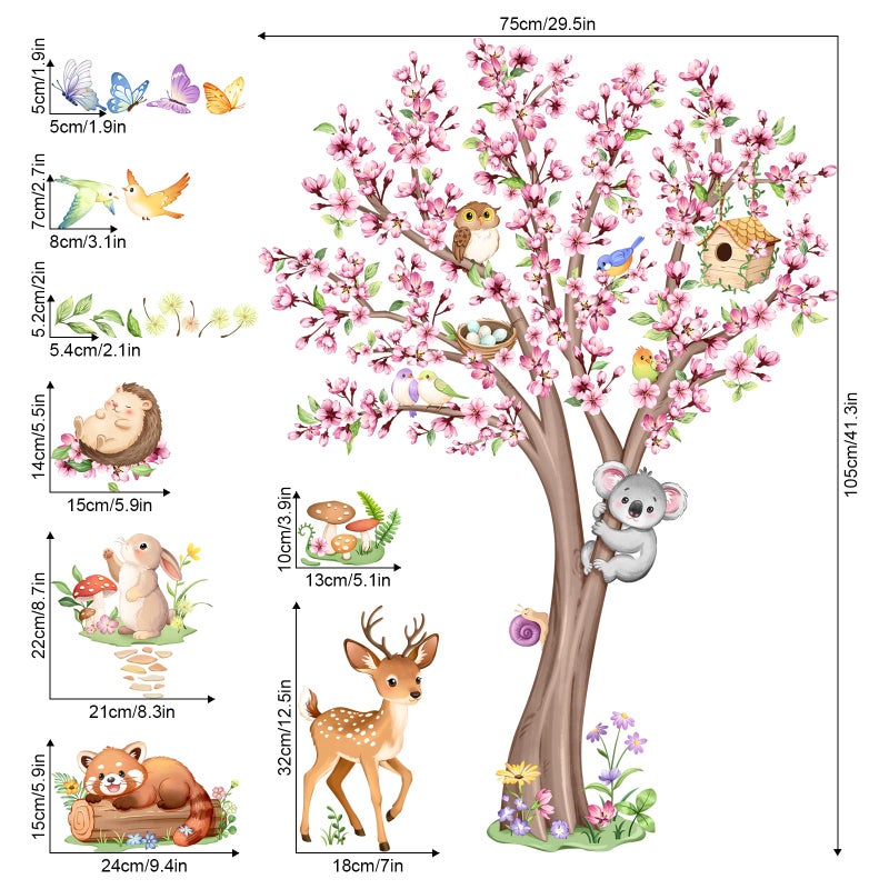 Supzone Cherry Blossom Tree Animals Wall Decals Pink Flower Tree Wall Stickers Peel and Stick Deer Squirrel Small Animals Decor for Girls Bedroom Living Room Nursery Playroom Classroom Decor - Image 2