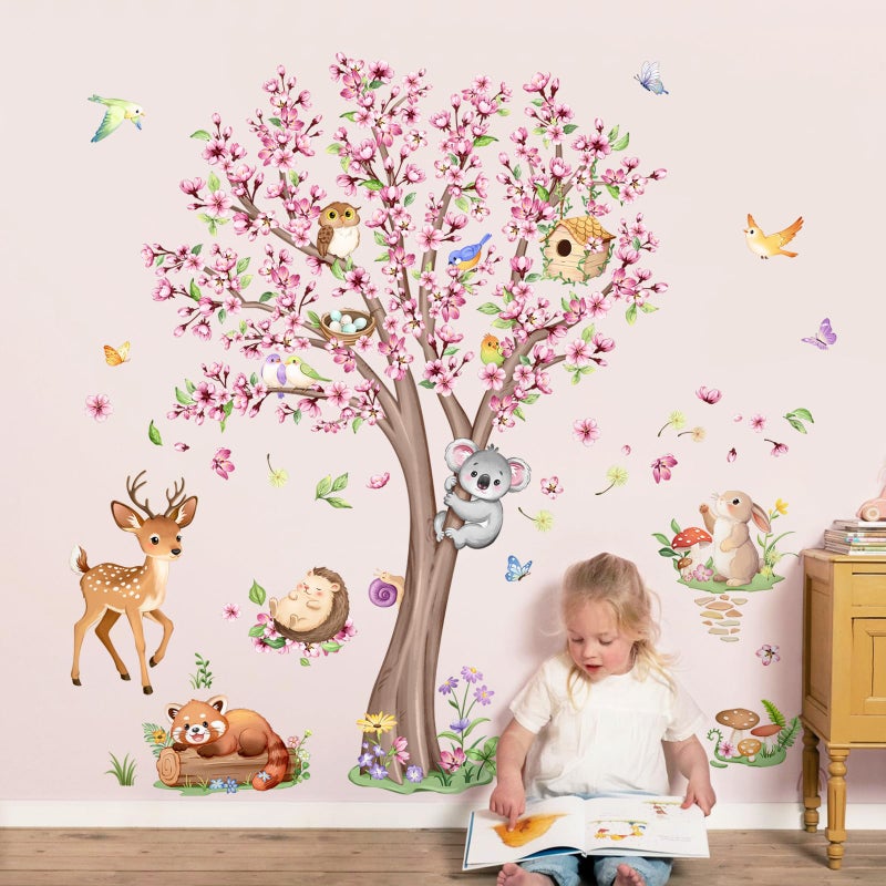 Supzone Cherry Blossom Tree Animals Wall Decals Pink Flower Tree Wall Stickers Peel and Stick Deer Squirrel Small Animals Decor for Girls Bedroom Living Room Nursery Playroom Classroom Decor - Image 1