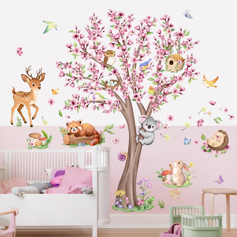 Supzone Cherry Blossom Tree Animals Wall Decals Pink Flower Tree Wall Stickers Peel and Stick Deer Squirrel Small Animals Decor for Girls Bedroom Living Room Nursery Playroom Classroom Decor - Image 4