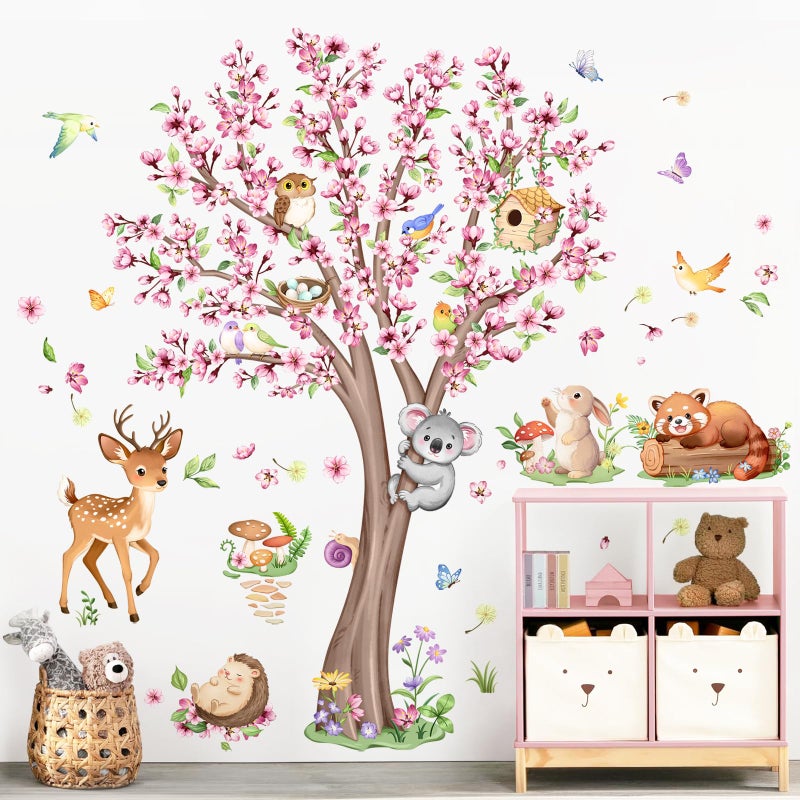 Supzone Cherry Blossom Tree Animals Wall Decals Pink Flower Tree Wall Stickers Peel and Stick Deer Squirrel Small Animals Decor for Girls Bedroom Living Room Nursery Playroom Classroom Decor - Image 5