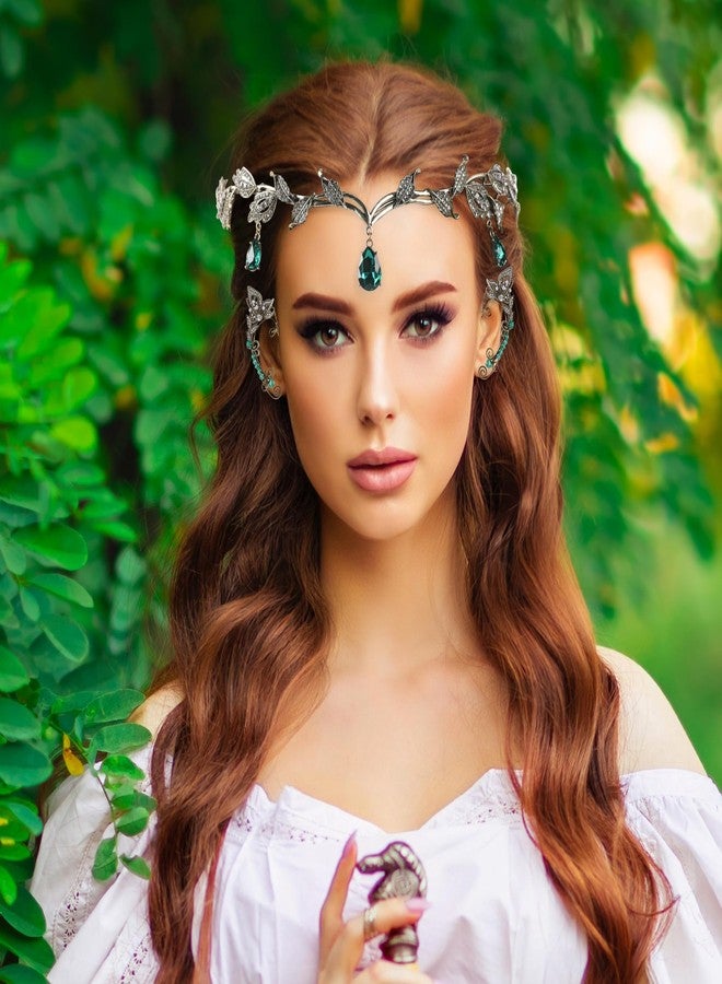 FRESHME Elf Ear Cuffs and Crown - Vintage Fairy Ear Cuffs and Green Rhinestone Fairy Crown Renaissance Prom Makeup Renfaire Cosplay Photo Prop Dress Up Accessories for Women Adult - Image 2
