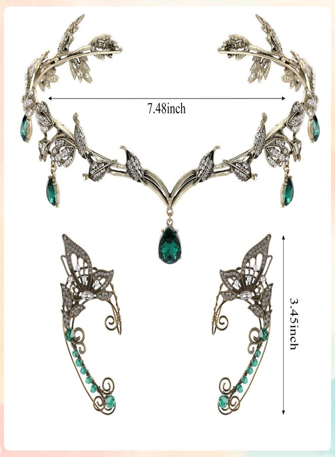 FRESHME Elf Ear Cuffs and Crown - Vintage Fairy Ear Cuffs and Green Rhinestone Fairy Crown Renaissance Prom Makeup Renfaire Cosplay Photo Prop Dress Up Accessories for Women Adult - Image 4