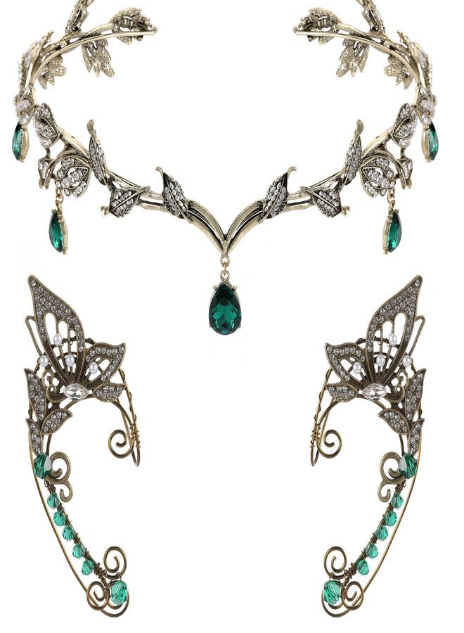 FRESHME Elf Ear Cuffs and Crown - Vintage Fairy Ear Cuffs and Green Rhinestone Fairy Crown Renaissance Prom Makeup Renfaire Cosplay Photo Prop Dress Up Accessories for Women Adult - Image 1