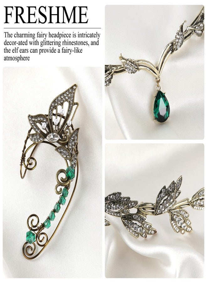 FRESHME Elf Ear Cuffs and Crown - Vintage Fairy Ear Cuffs and Green Rhinestone Fairy Crown Renaissance Prom Makeup Renfaire Cosplay Photo Prop Dress Up Accessories for Women Adult - Image 5