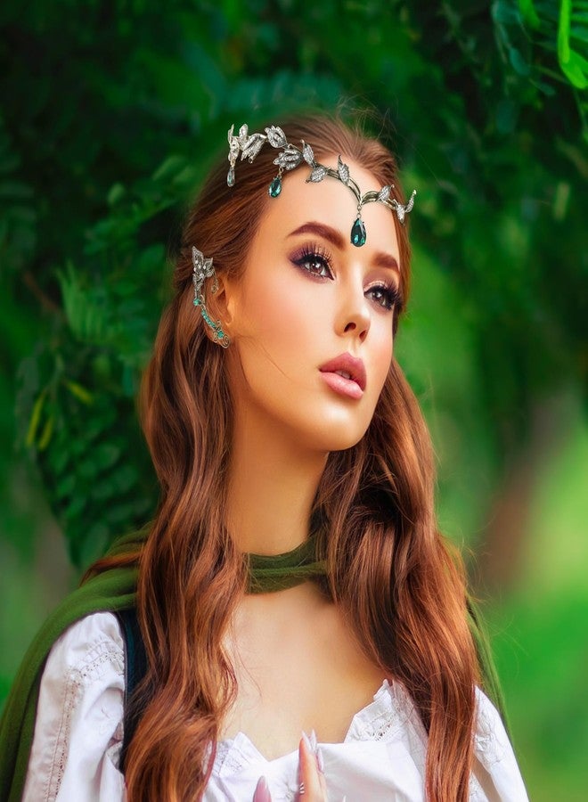 FRESHME Elf Ear Cuffs and Crown - Vintage Fairy Ear Cuffs and Green Rhinestone Fairy Crown Renaissance Prom Makeup Renfaire Cosplay Photo Prop Dress Up Accessories for Women Adult - Image 3