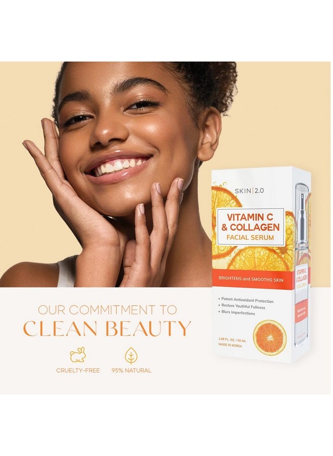 Skin 2.0 - Kin 2.0 Vitamin C And Collagen Face Serum Helps With Dark Spots & Acne Fights Signs Of Aging Skin Brightening Facial Serum Cruelty Free Korean Skincare For All Skin Types 1.69 Fl. Oz - Image 1