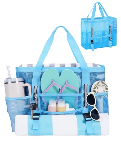WANDF Mesh Beach Bag for Women Large Beach Tote Bags with 40oz Tumbler Side Pockets Family Pool Bag for Swim Toys Towels Cruise Vacation Essentials Blue - Image 1