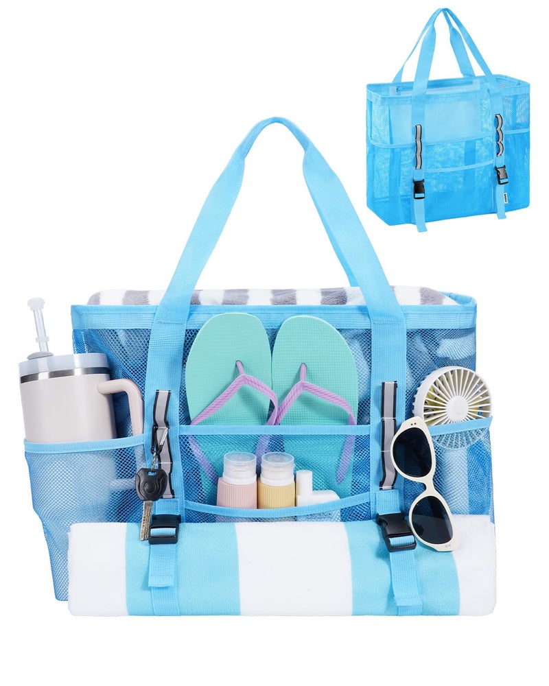 WANDF Mesh Beach Bag for Women Large Beach Tote Bags with 40oz Tumbler Side Pockets Family Pool Bag for Swim Toys Towels Cruise Vacation Essentials Blue - Image 2