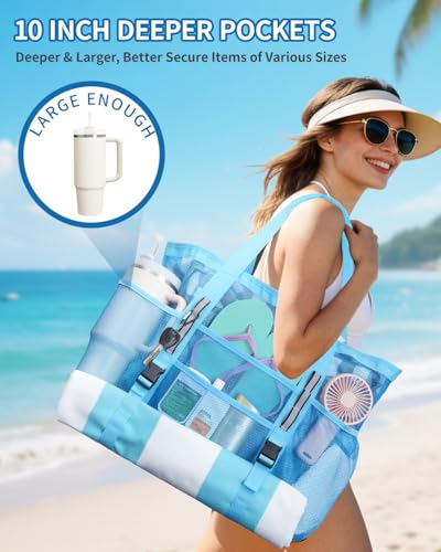 WANDF Mesh Beach Bag for Women Large Beach Tote Bags with 40oz Tumbler Side Pockets Family Pool Bag for Swim Toys Towels Cruise Vacation Essentials Blue - Image 3