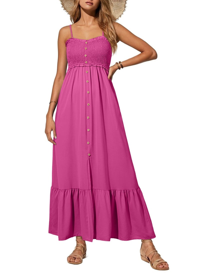 Dokotoo Beach Boho Dresses for Women 2025 Sleeveless Button Down Smocked Spaghetti Straps Open Back Loose Flowy Casual Summer Sundresses Cover Up Swing Cruise Outfits Maxi Long Dress Rosy Medium - Image 1