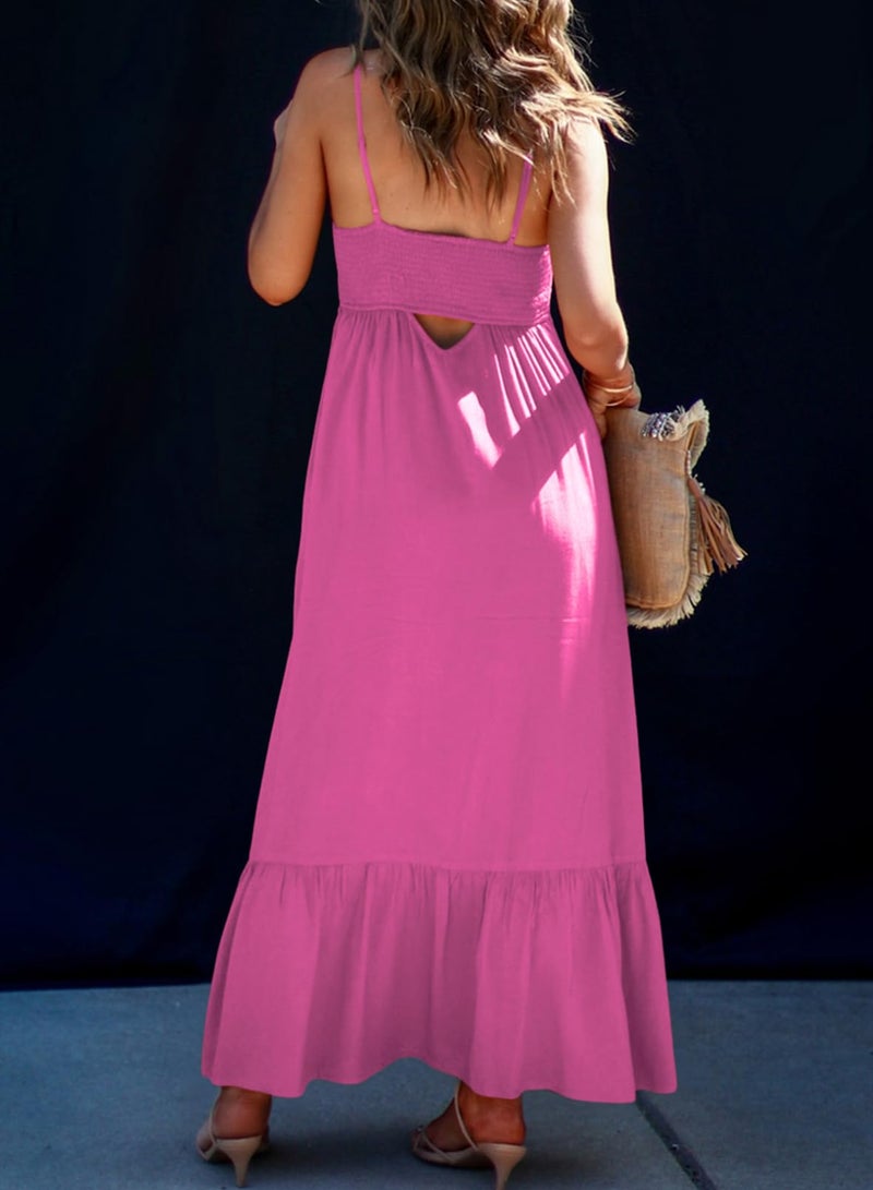 Dokotoo Beach Boho Dresses for Women 2025 Sleeveless Button Down Smocked Spaghetti Straps Open Back Loose Flowy Casual Summer Sundresses Cover Up Swing Cruise Outfits Maxi Long Dress Rosy Medium - Image 2