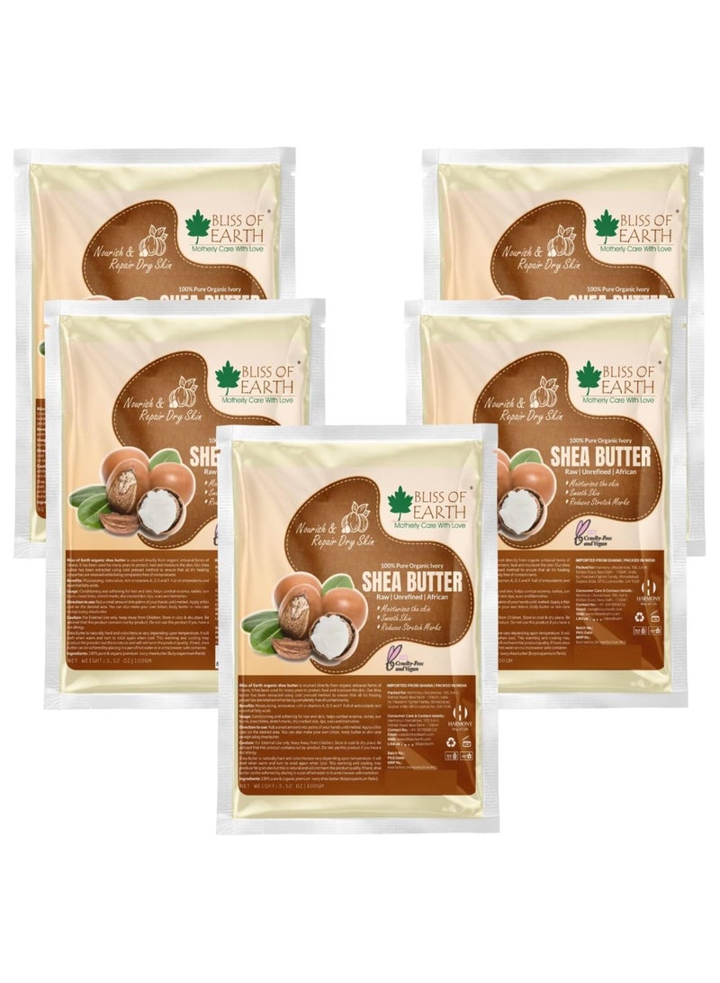 BLISS OF EARTH Pure Organic Ivory Shea Butter Refill Pack 100gm Raw Shea Butter For Stretch Marks Unrefined African Great For Face Skin Body Lips DIY products Pack of 5 - Image 1