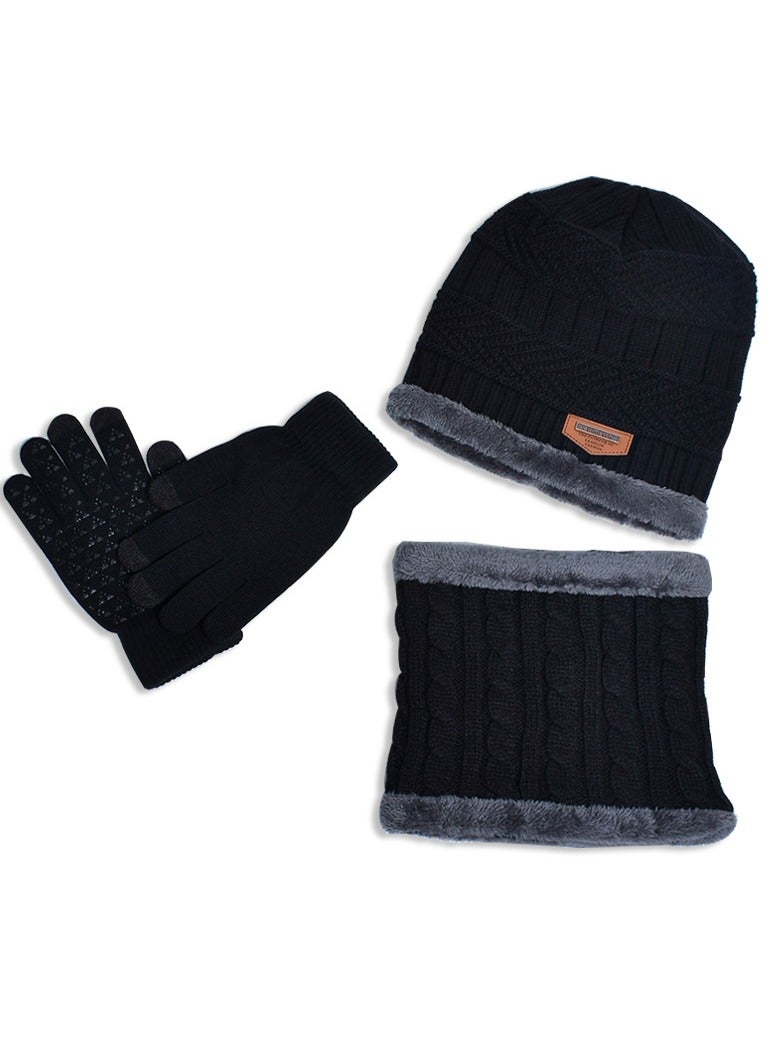 Loquat Winter Padded Cap Knitted Hat Scarf 3-Piece Set Black - Image 1