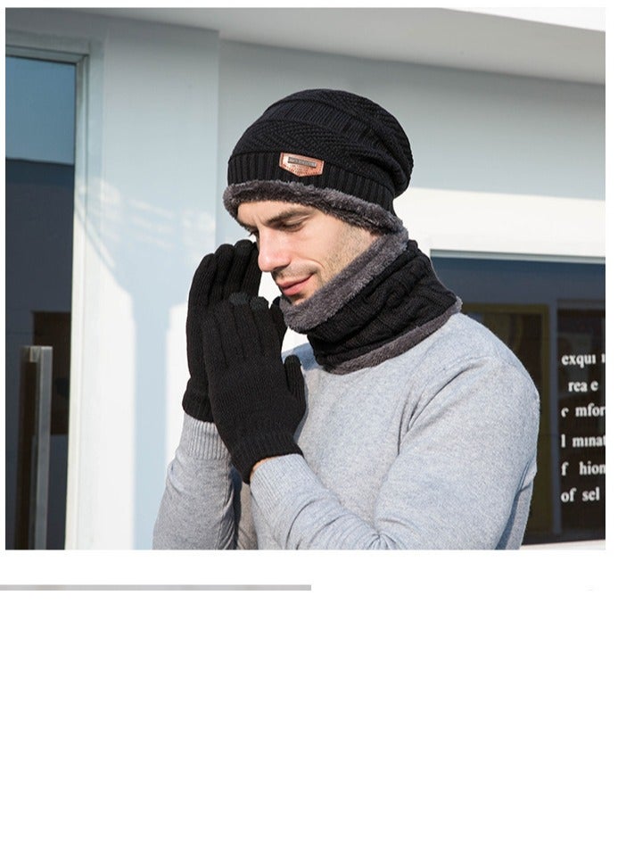 Loquat Winter Padded Cap Knitted Hat Scarf 3-Piece Set Black - Image 2