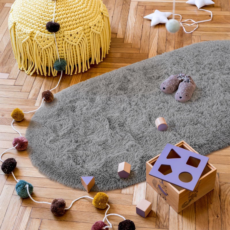 Goideal Fluffy Bedroom Rug  Gray Small Rug for Bedroom  Oval Shaggy Bedside Carpet 2.6 x 5.2 Feet Cute Rug for Dorm Kids Room Nursery Home Decor - Image 5