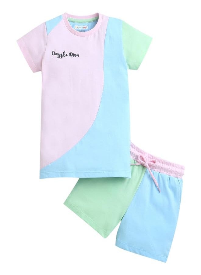 BUMZEE Sky Blue & Pink Girls Half Sleeves T-Shirt & Short Set Age - 8-9 Years (Peb9404L-sbl.pnk) - Image 1